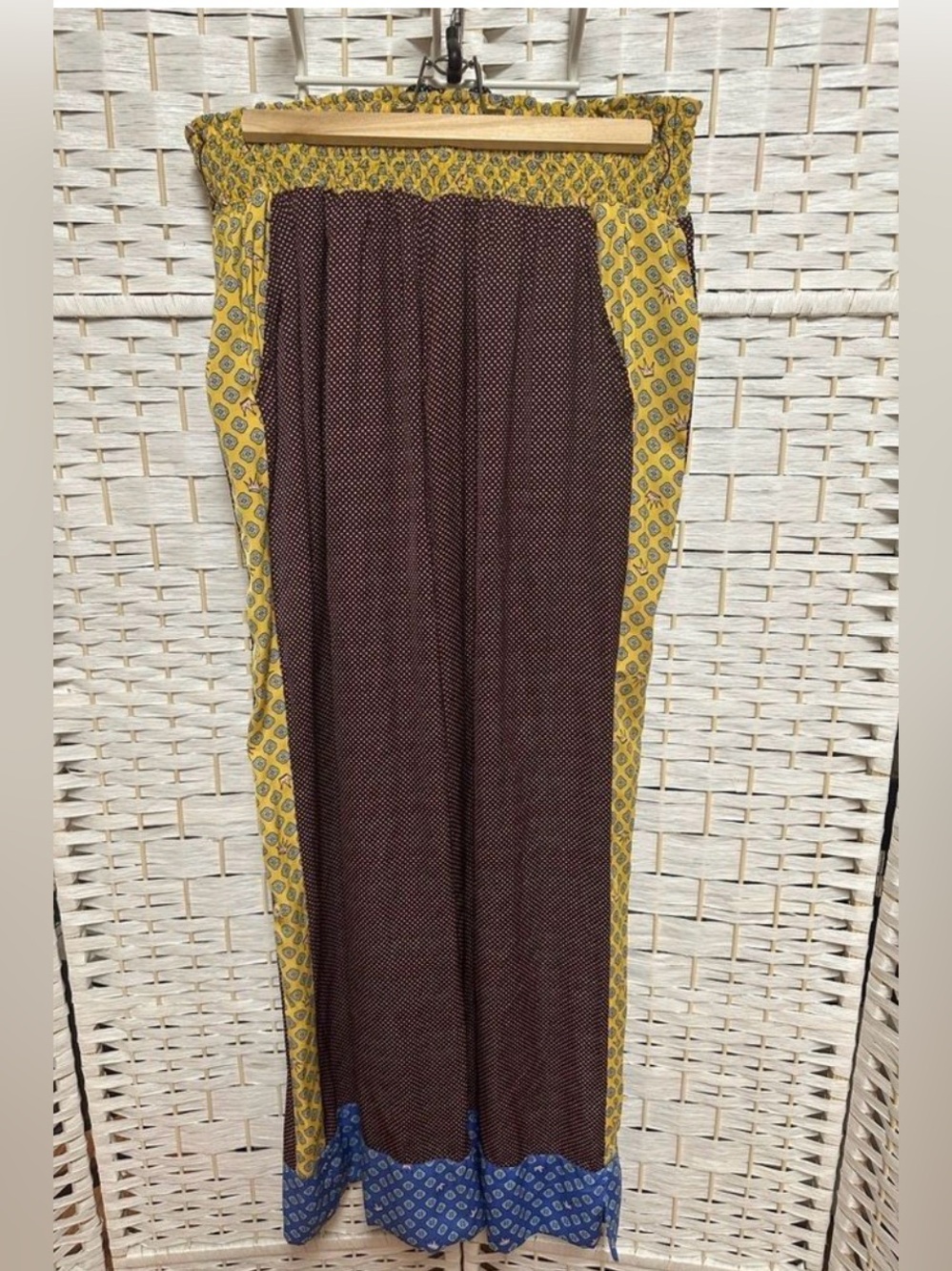 aerie Wide Leg Colorblock Pants in Brown, Yellow & Blue, boho satin
